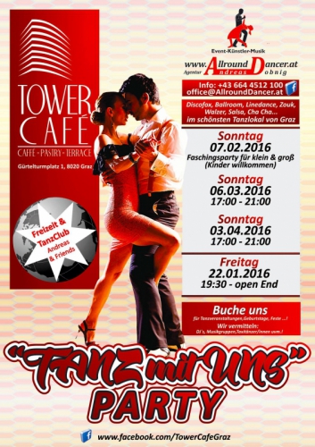 Tower Cafe Faschingsparty So 7.2. So 6.3.  von 17 bis 21h TANZ mit UNS AllroundDancer